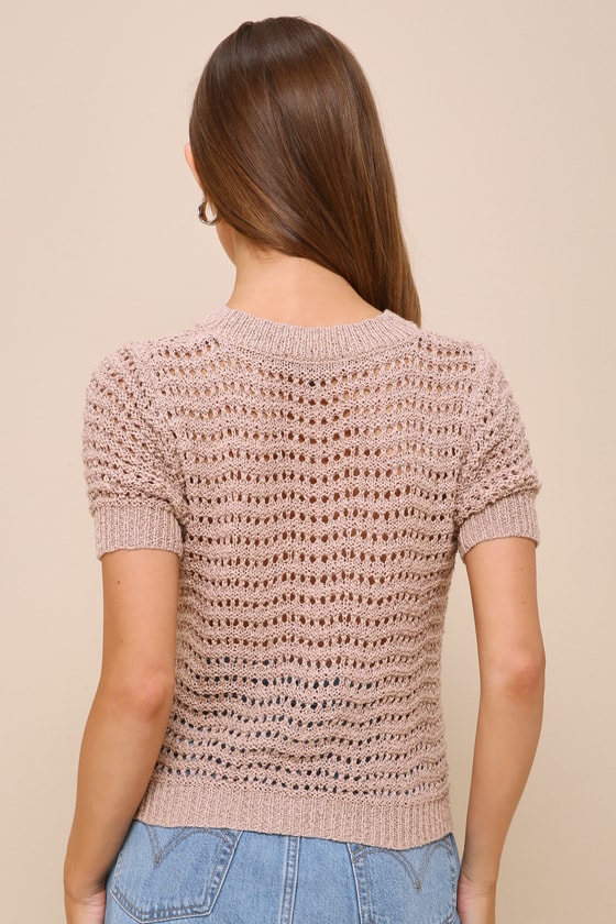 Essential Darling Tan Loose Crochet Short Sleeve Sweater Top 2