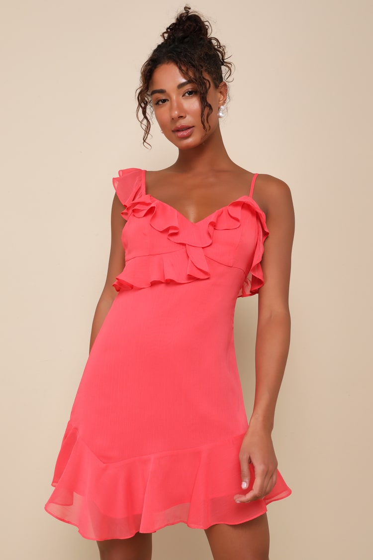 Coral Pink Ruffled Asymmetrical Mini Dress | Womens | X-Small | 100% Polyester | Lulus | Homecoming Coral Pink Ruffled Asymmetrical Mini Dress | Womens | X-Small | 100% Polyester | Lulus | Homecoming