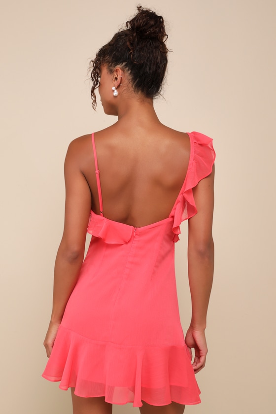 Shop Lulus Captivating Always Coral Pink Ruffled Asymmetrical Mini Dress
