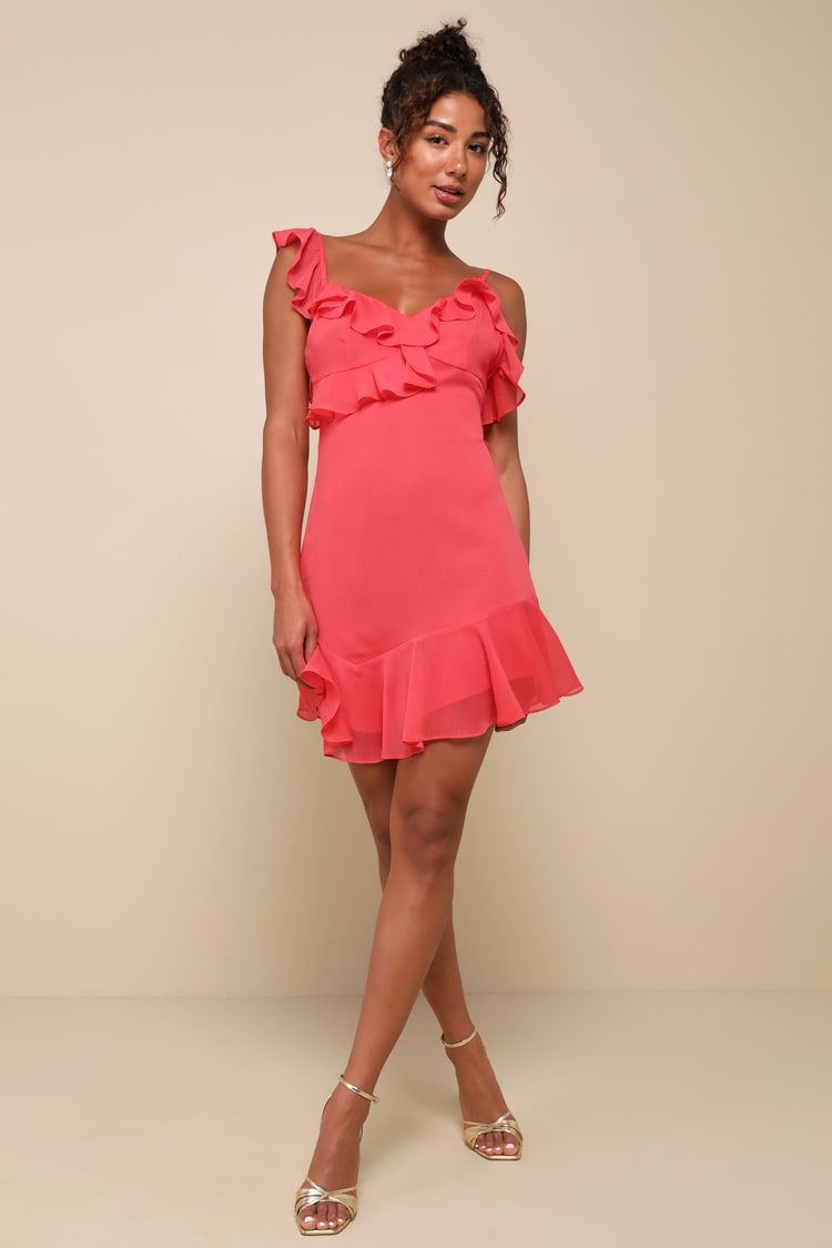 Captivating Always Coral Pink Ruffled Asymmetrical Mini Dress