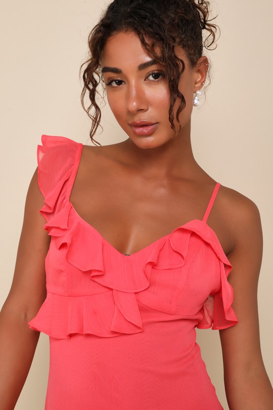 Shop Lulus Captivating Always Coral Pink Ruffled Asymmetrical Mini Dress