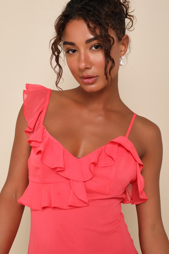 Lulus Captivating Always Coral Pink Ruffled Asymmetrical Mini Dress In Coral Pink