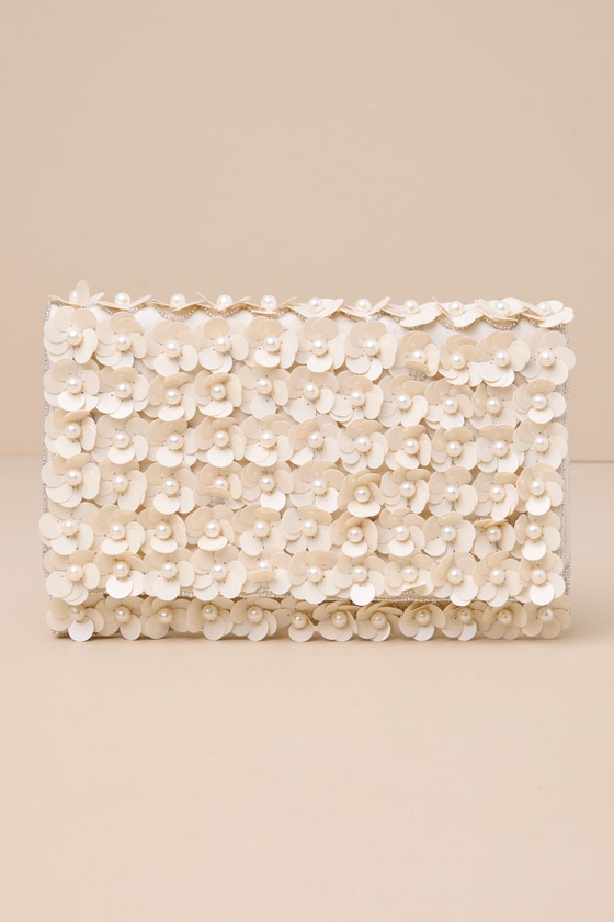 LULUS SPARKING PERFECTION IVORY FLORAL SEQUIN PEARL CLUTCH