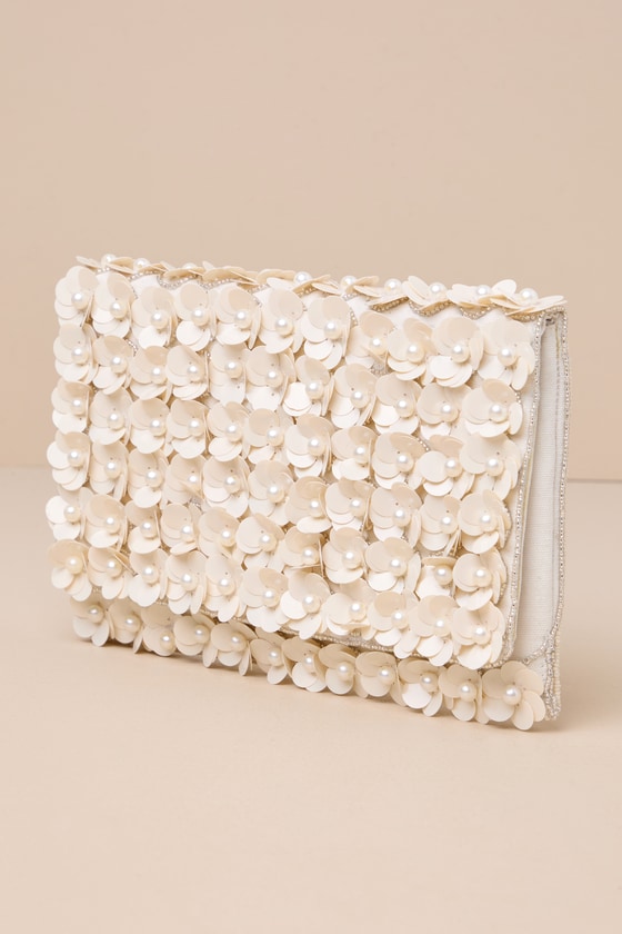 LULUS SPARKING PERFECTION IVORY FLORAL SEQUIN PEARL CLUTCH