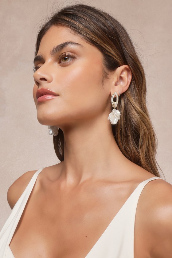 LULUS APHRODITE VIBES WHITE RHINESTONE SHELL DROP EARRINGS