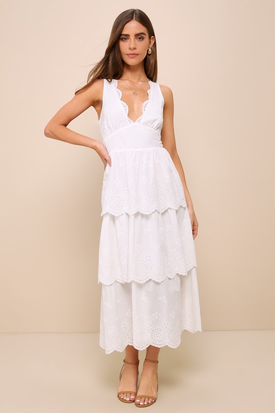 Shop Lulus Sunshine Selection White Eyelet Embroidered Tiered Midi Dress