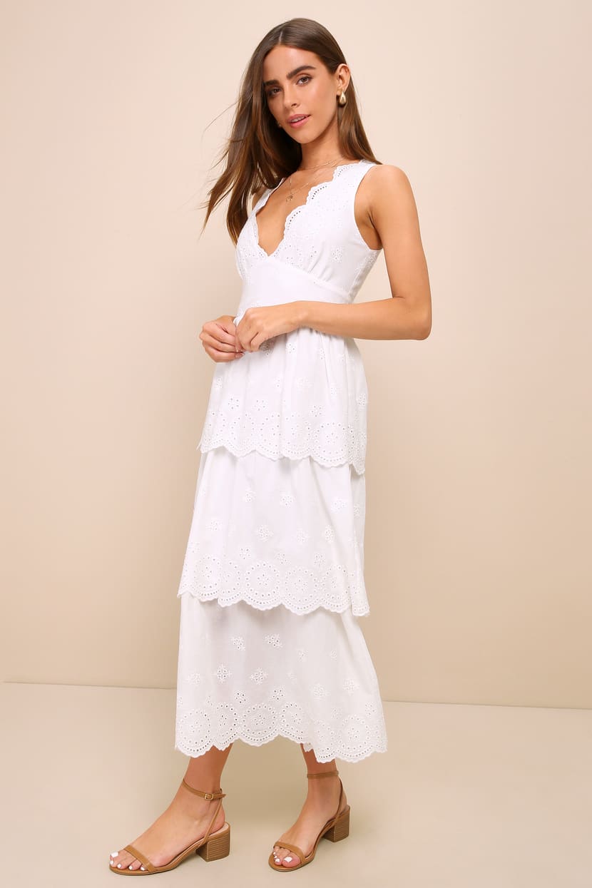 Sunshine Selection White Eyelet Embroidered Tiered Midi Dress