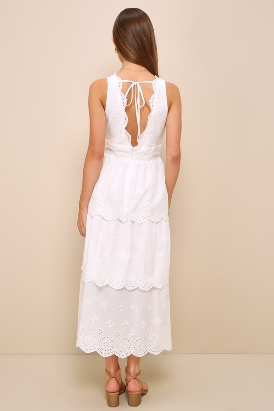Sunshine Selection White Eyelet Embroidered Tiered Midi Dress 3