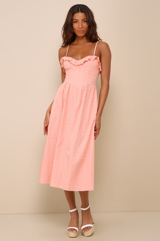 Lulus Lovely Weather Pink Embroidered Bustier Midi Dress With Pockets