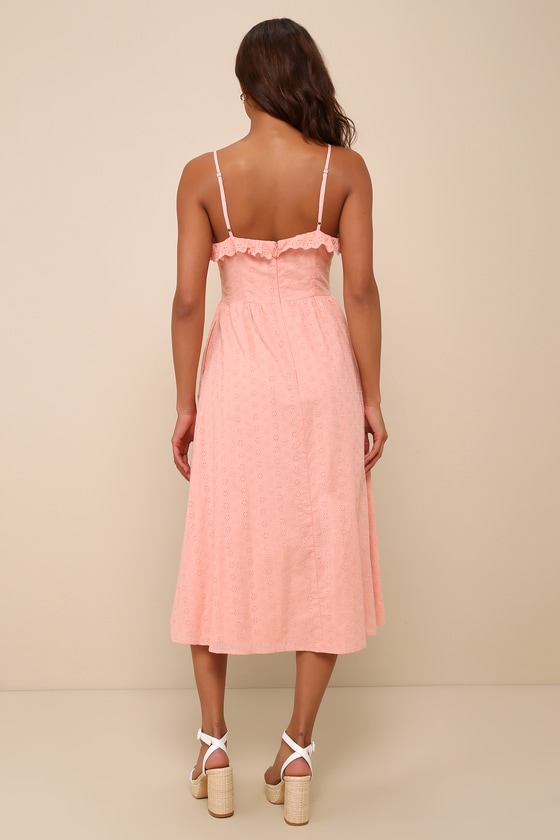 Shop Lulus Lovely Weather Pink Embroidered Bustier Midi Dress With Pockets