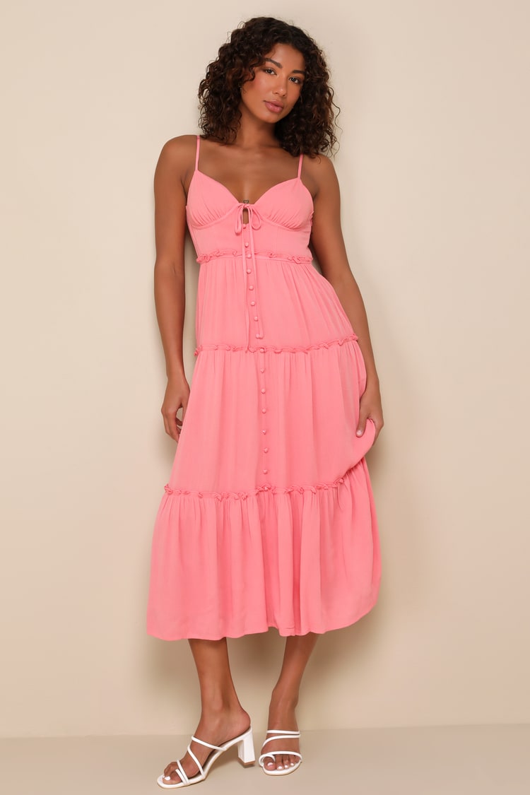 Coral Pink Ruffled Dress - Button-Front Dress - Cute Midi Dress
