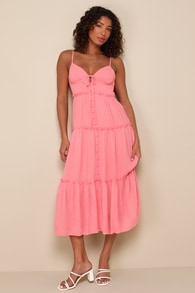 Sweetest Perception Coral Pink Ruffled Button-Front Midi Dress
