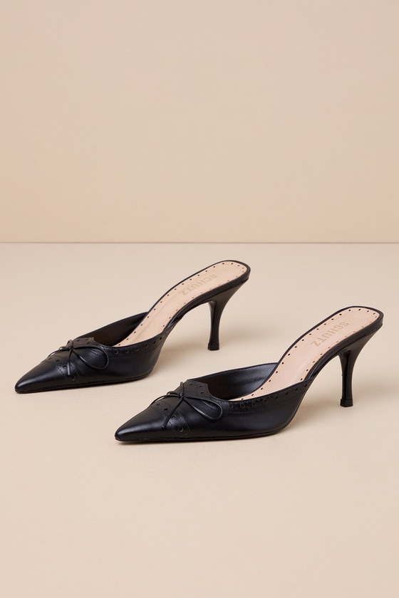 Shop Schutz Minny Black Nappa Leather Bow Pointed-toe Mule Pumps