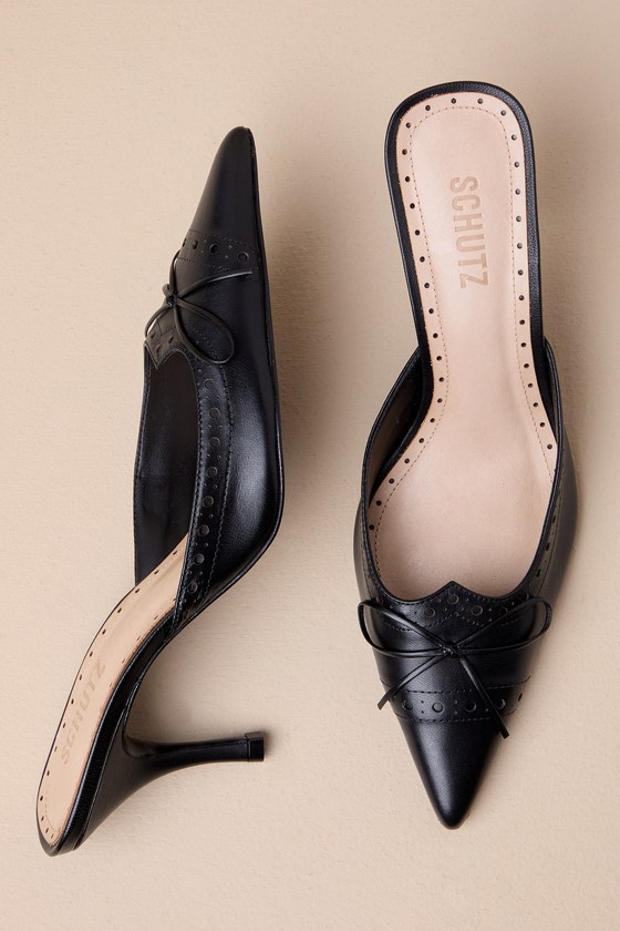 Shop Schutz Minny Black Nappa Leather Bow Pointed-toe Mule Pumps