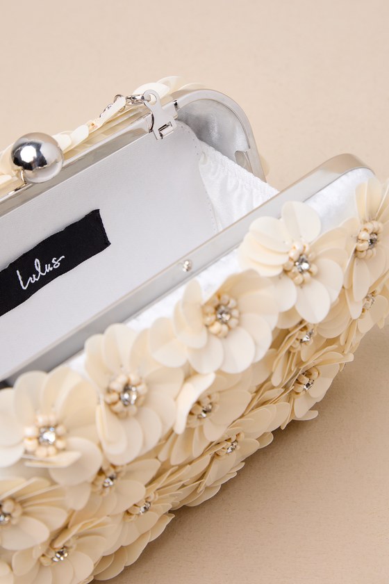 LULUS BLOOMING ADDITION IVORY SEQUIN RHINESTONE BOX CLUTCH