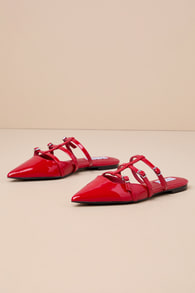Shatter Red Patent Pointed-Toe Buckle Ballet Mule Flats