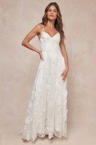 Profound Elegance Ivory 3D Floral Embroidered Maxi Dress
