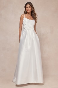 Dreamy Forever White Taffeta Rosette Maxi Dress with Pockets