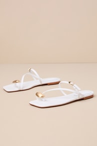 Elysa White Leather Strappy Slide Flat Sandals