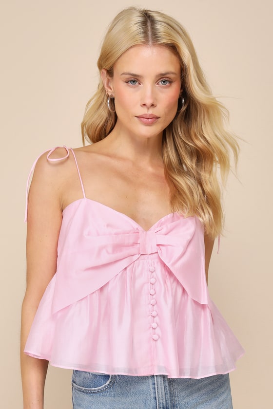 Lulus Ideal Cuteness Pink Bow-front Tie-strap Cropped Cami Top
