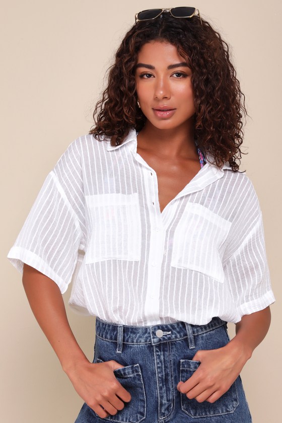 Lulus Effortless 'fit Ivory Sheer Burnout Striped Button-up Top In White