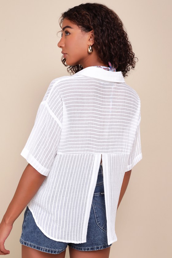 Shop Lulus Effortless 'fit Ivory Sheer Burnout Striped Button-up Top