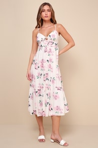 Sunny Day Outing White and Pink Floral Tiered Midi Dress