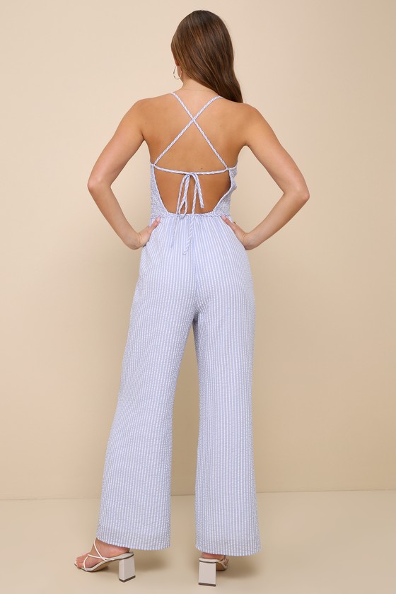 Shop Lulus Endearing Impression Blue And White Striped Lace-up Jumpsuit