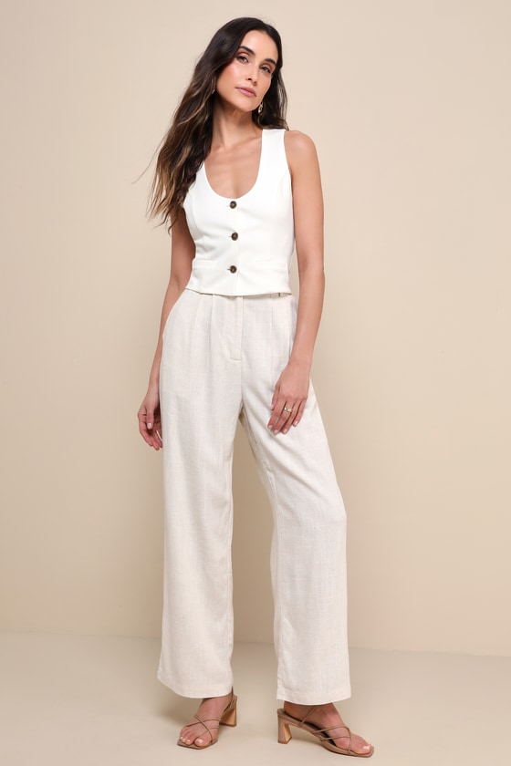 Relaxed Darling Beige Linen High-Waisted Trouser Pants 1