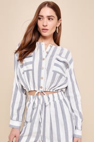 Malta Perfection Blue and White Striped Drawstring Top