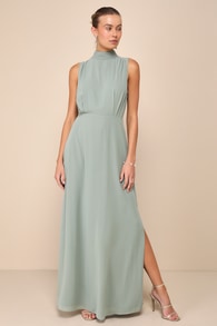 Classic Elegance Chiffon Sage Sleeveless Mock Neck Maxi Dress 1