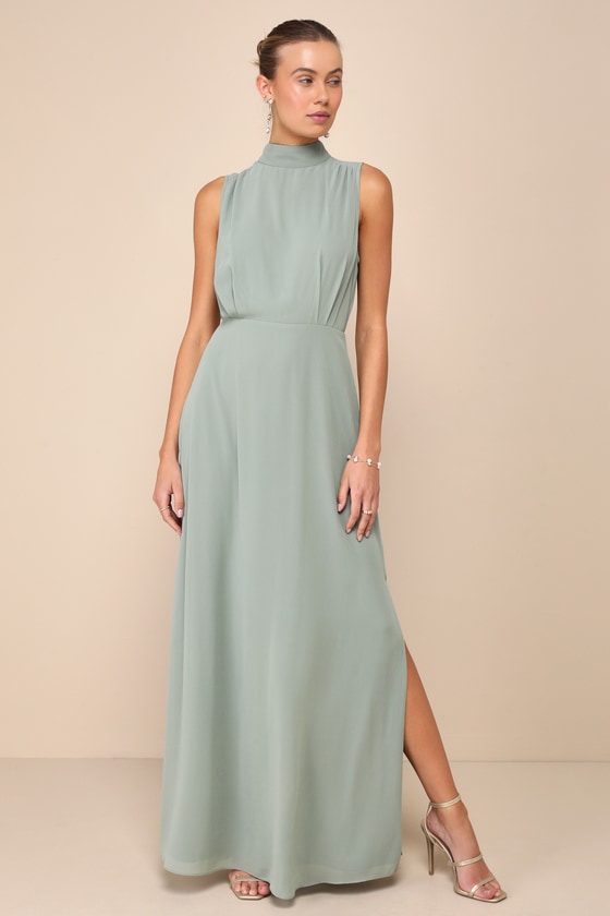 Classic Elegance Chiffon Sage Sleeveless Mock Neck Maxi Dress 1