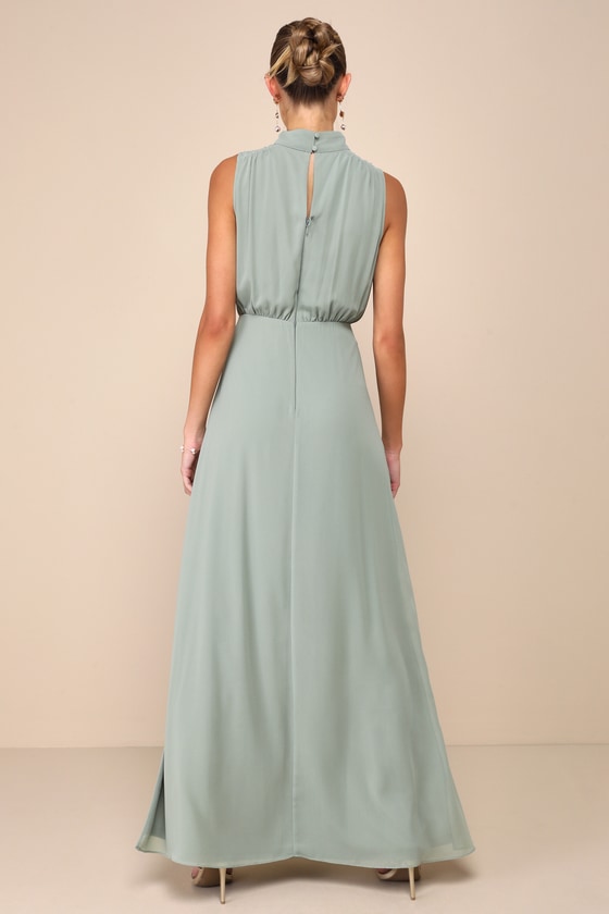 Lulus Classic Elegance Chiffon Sage Sleeveless Mock Neck Maxi Dress In Green