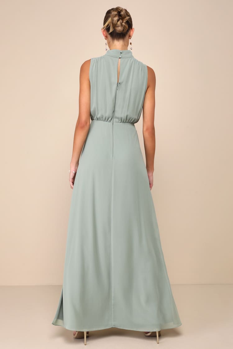 Classic Elegance Chiffon Sage Sleeveless Mock Neck Maxi Dress