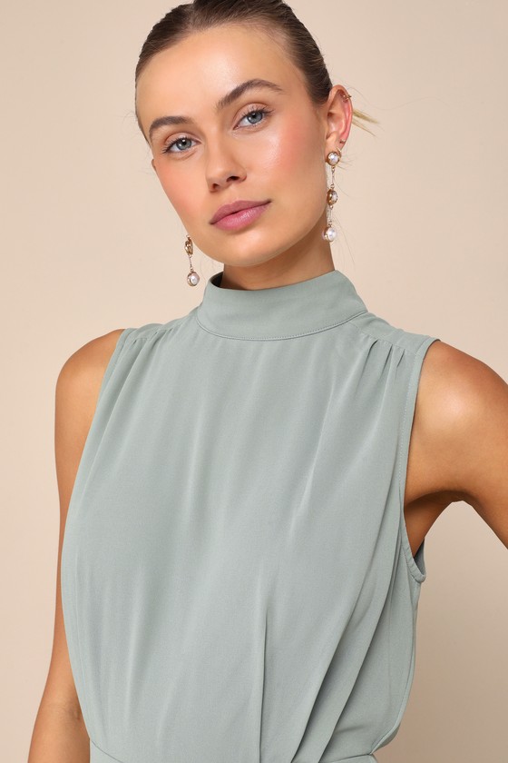 Lulus Classic Elegance Chiffon Sage Sleeveless Mock Neck Maxi Dress In Green