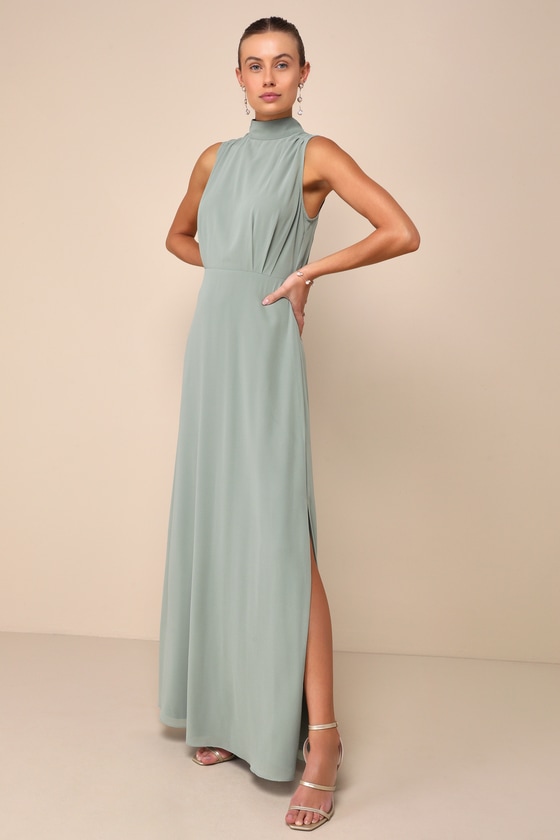 Lulus Classic Elegance Chiffon Sage Sleeveless Mock Neck Maxi Dress In Green