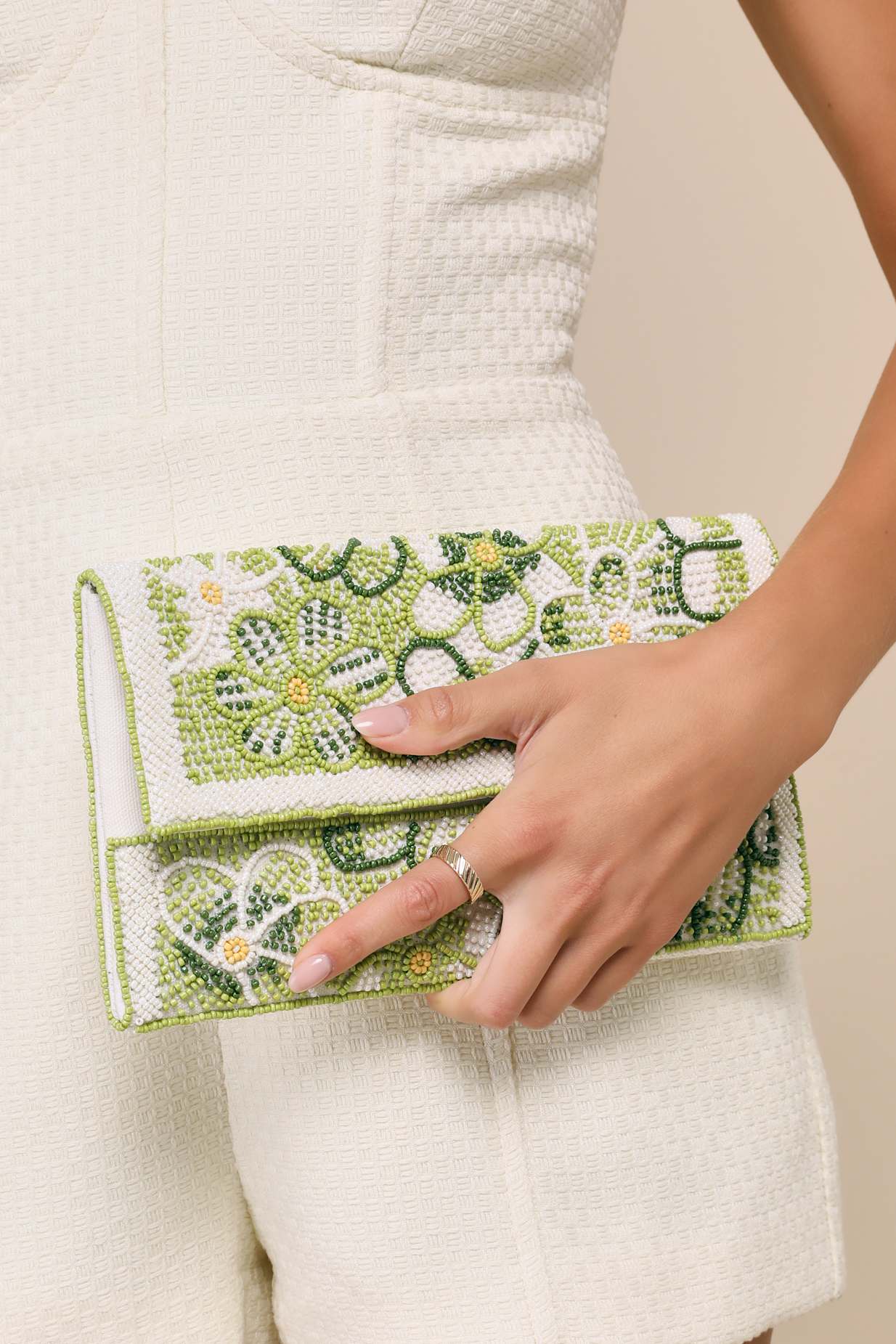 Flourishing Charm White Multi Floral Beaded Clutch