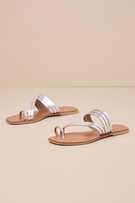 Summer Rain Silver Metallic Leather Strappy Slide Sandals