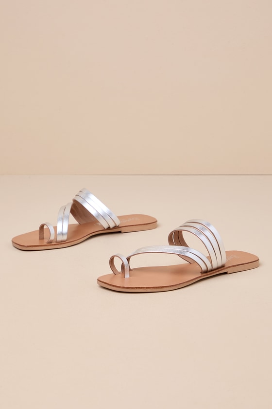 Summer Rain Silver Metallic Leather Strappy Slide Sandals 1