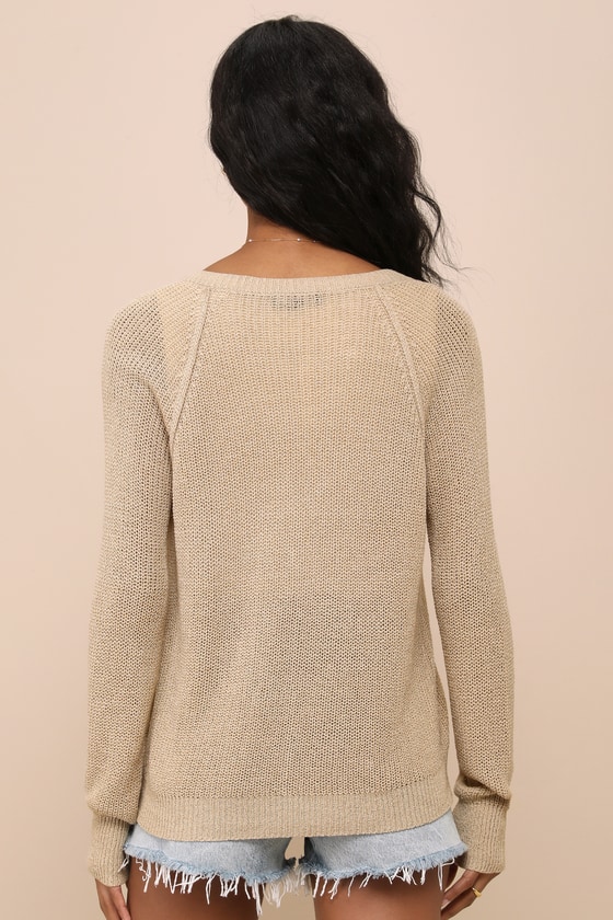 Shop Lulus Casually Yours Beige Loose Knit Long Sleeve Sweater Top