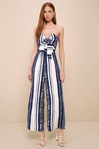 Delphi Blue and White Striped Tie-Front Strapless Jumpsuit