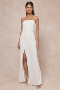 Beautiful Grace White Mesh Strapless Bustier Tulip Maxi Dress 1