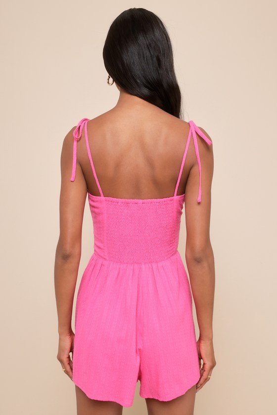Shop Lulus Sincerely Flirty Hot Pink Textured Tie-strap Button-front Romper