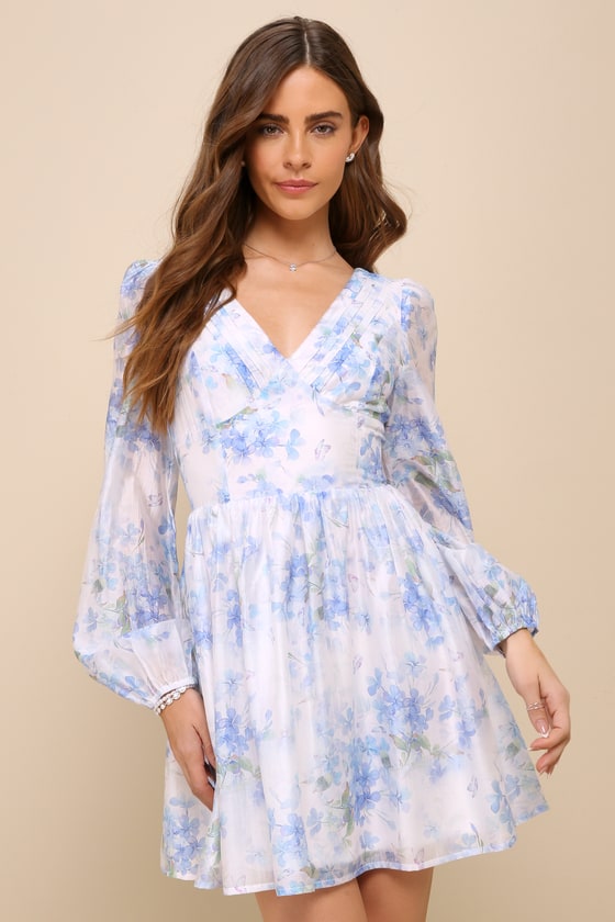White Floral Mini Dress - Long Sleeve Mini Dress - Organza Dress - Lulus