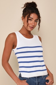 Chic Tendencies White Striped Sleeveless Sweater Top 2