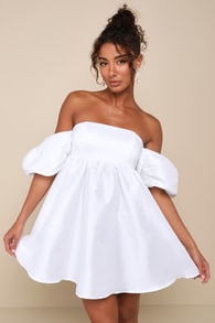 Sweet Vision White Taffeta Off-the-Shoulder Babydoll Mini Dress
