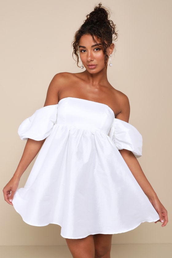 Sweet Vision White Taffeta Off-the-Shoulder Babydoll Mini Dress 2