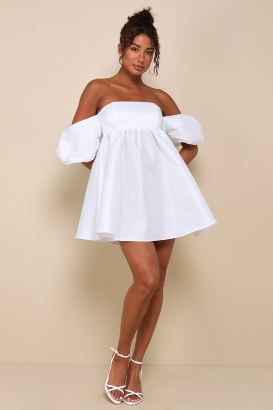 Shop Lulus Sweet Vision White Taffeta Off-the-shoulder Babydoll Mini Dress