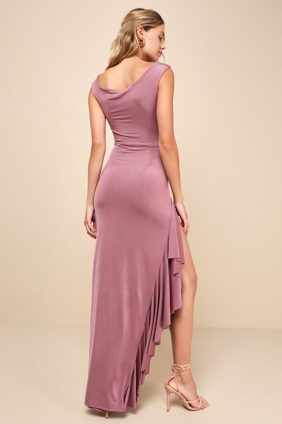 Sleek Presence Mauve Slinky Knit Cowl Neck Ruffled Maxi Dress 4