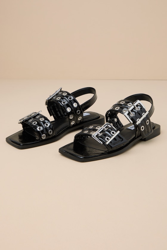 Shop Steve Madden Sandria Black Patent Studded Buckle Slingback Sandals